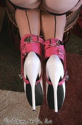 6793A      Enforced Femininity Hot Pink Locking Bondage Shoe Cuffs