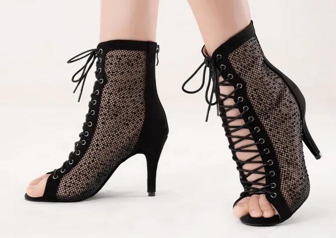 Black Dance Boots Rhinestone High Heels Dance Shoes