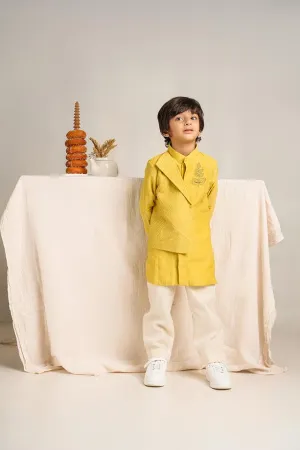 Frere Jacques- Yellow Chanderi Silk Hand Embroidered Asymmetrical Kurta with White Pants Set for Boys