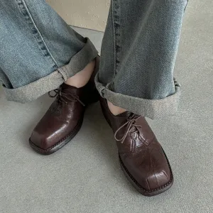 Handmade Wrinkled Sheepskin Block Heel Oxford Shoes in Black/Brown