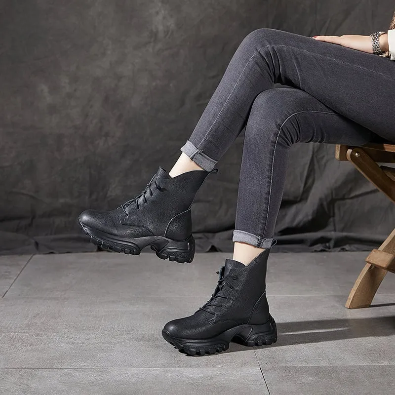 Lace-Up Combat Boots Retro Chunky Ankle Boots Handmade Genuine Leather Biker Boots Black/Coffee