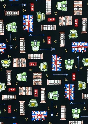 London Theme Cotton Printed Fabric 45" Wide Craft Poplin Quilting Dressing D#43 (Black)