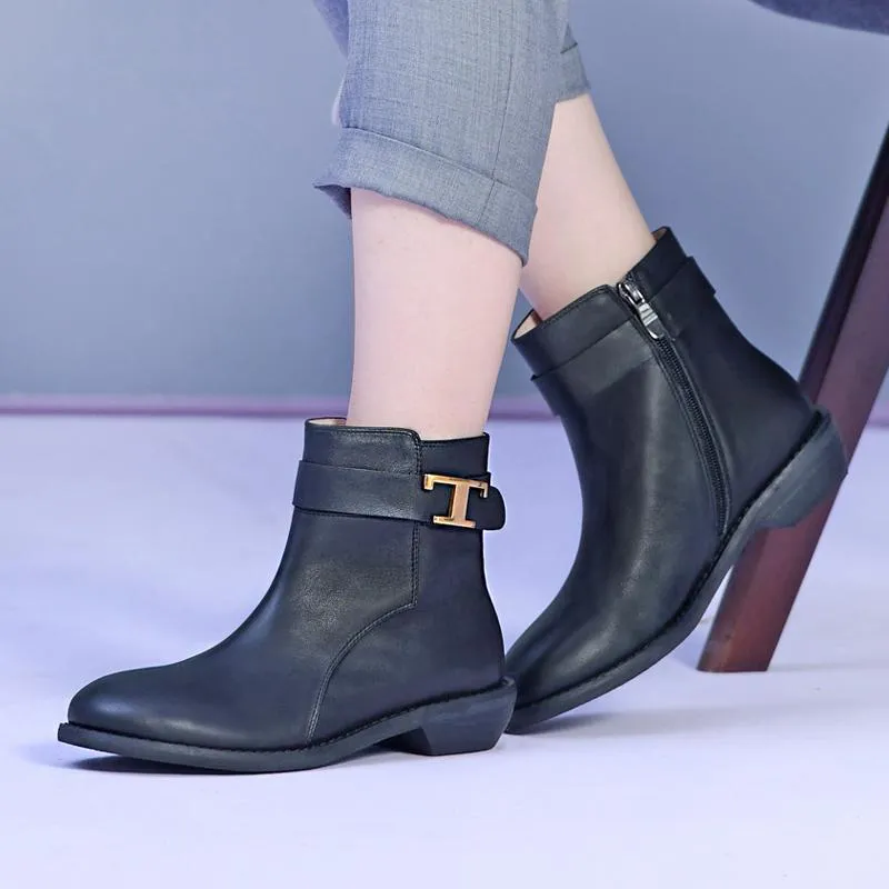 Wide Fit Handmade Genuine Leather Round Toe Back Zip Low Heels Chic Mid-Calf Boots With Buckles Black Leather Lining