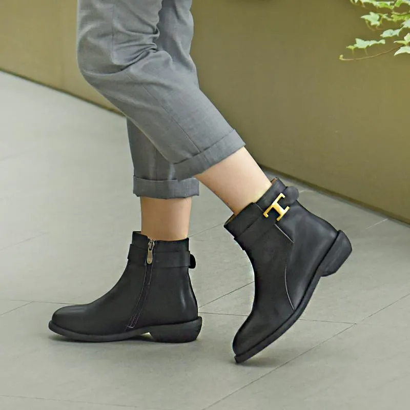 Wide Fit Handmade Genuine Leather Round Toe Back Zip Low Heels Chic Mid-Calf Boots With Buckles Black Leather Lining